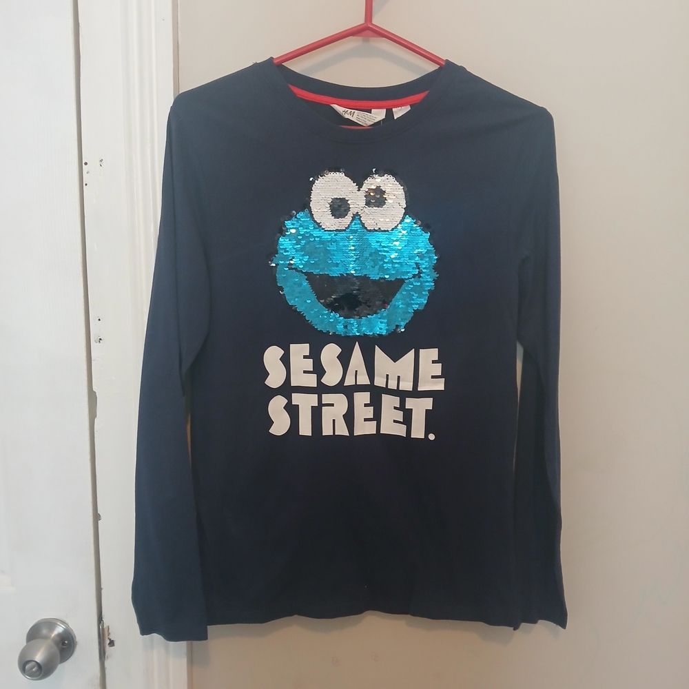 H&M X Sesame Street Navy Blue Long Sleeve Cookie Monster Sequin Shirt